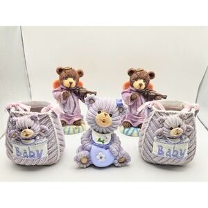 K's Collection Angelic Violin Teddy Bears and Purple Baby Bear Figurine Set 5pc